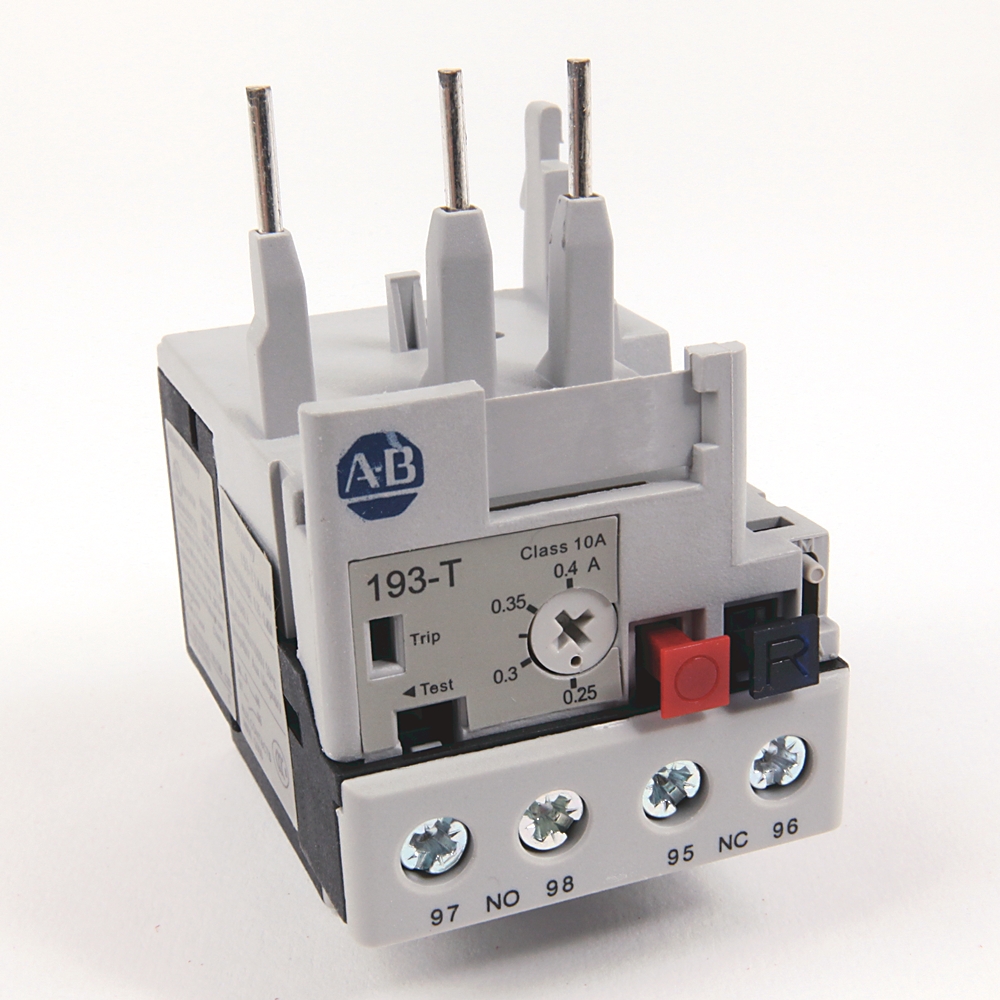 AB-brand industrial relay with four screw terminals on a white front plate labeled 97 NO 98 95 NC 96 and a small adjustment dial, for controlling circuits in a panel.