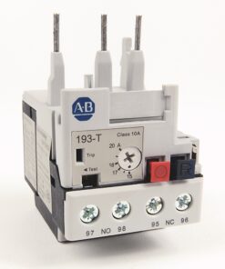 ABB 193-T relay module with four screw terminals labeled 97 NO 98 95 NC 96 and red/black terminal blocks on the side