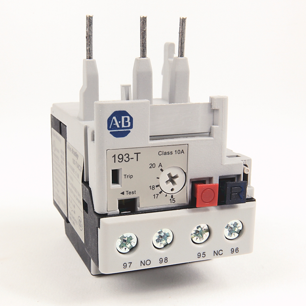 ABB 193-T relay module with four screw terminals labeled 97 NO 98 95 NC 96 and red/black terminal blocks on the side