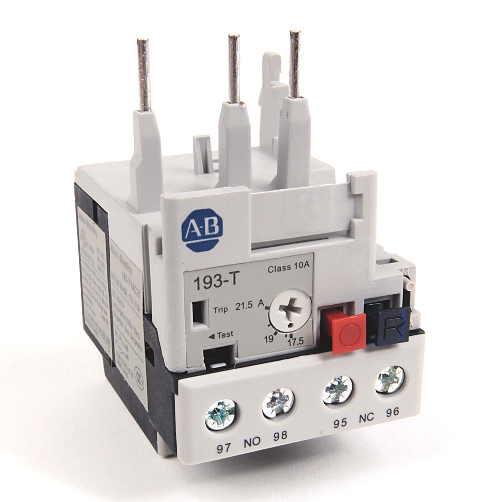 Close-up of a miniature industrial relay/contactor with four screw terminals and AB logo, used to switch circuits.