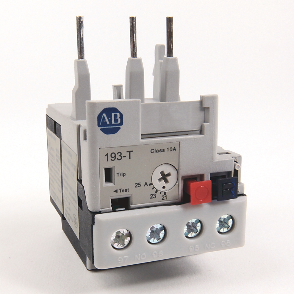Allen-Bradley 193-T Class 10A relay module with screw terminals and adjustment dial on a control panel block