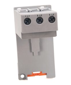 Three-terminal grey electrical connector with screws labeled L1, L2, L3 on a mounting base.