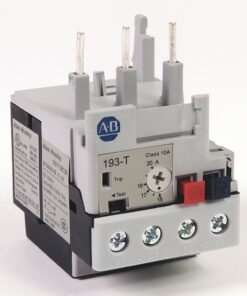 Allen-Bradley 193-T timer relay module with screw terminals and blue/red push buttons on the front plate.