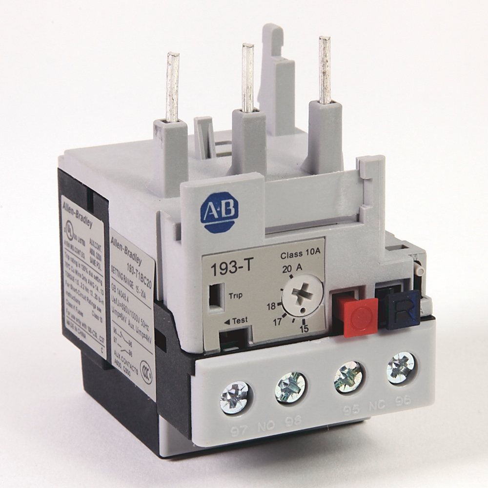 Allen-Bradley 193-T timer relay module with screw terminals and blue/red push buttons on the front plate.
