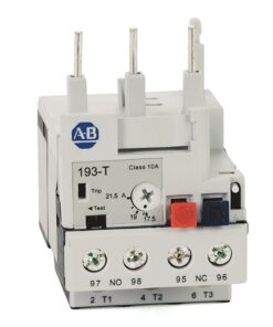 White ABB 193-T miniature circuit breaker with terminal screws and DIP trip/dial, four terminal blocks and red/blue buttons visible