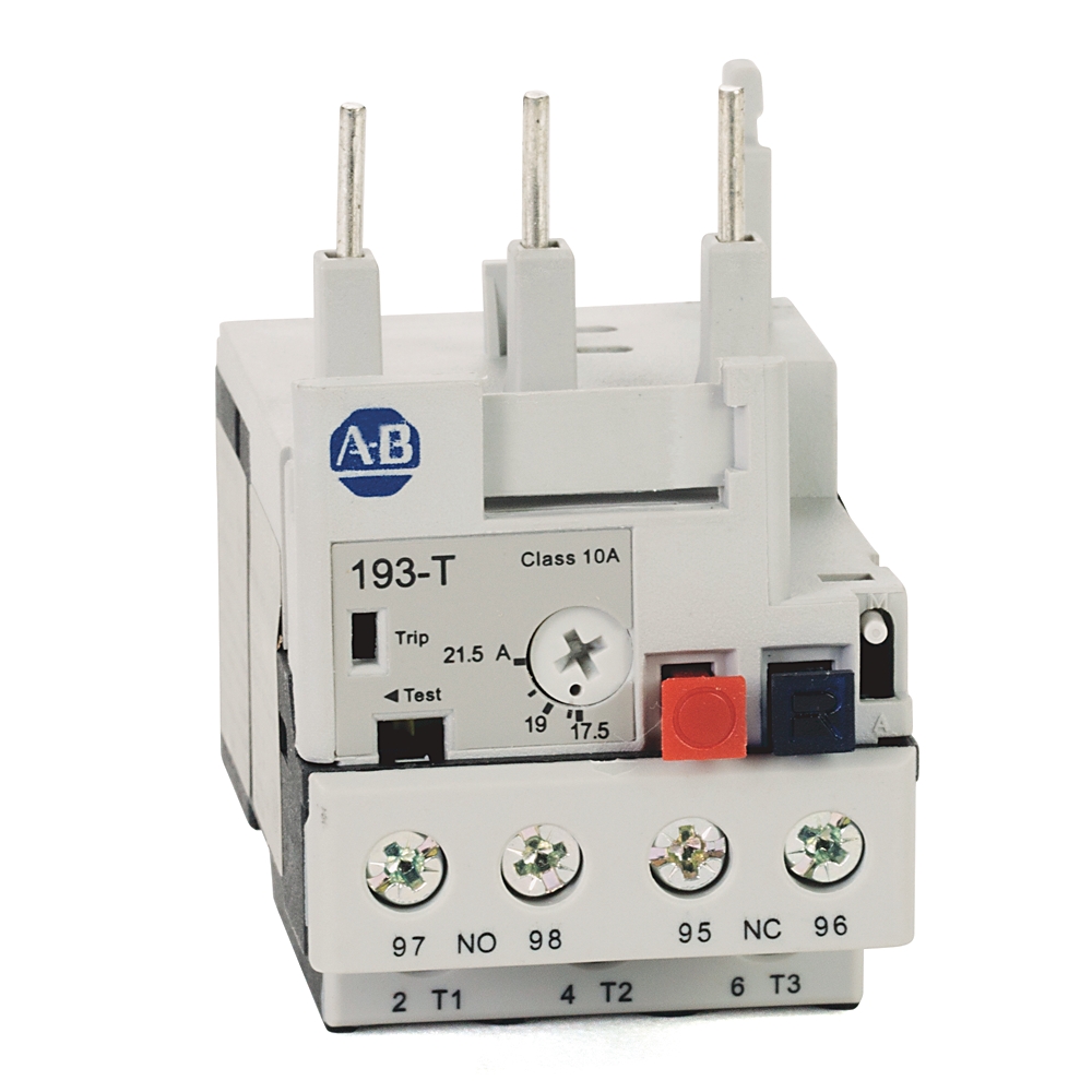 White ABB 193-T miniature circuit breaker with terminal screws and DIP trip/dial, four terminal blocks and red/blue buttons visible