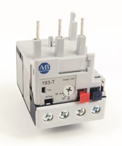 Small industrial relay block with A-B logo, label 193-T and multiple top pins for wiring, bottom screw terminals visible.