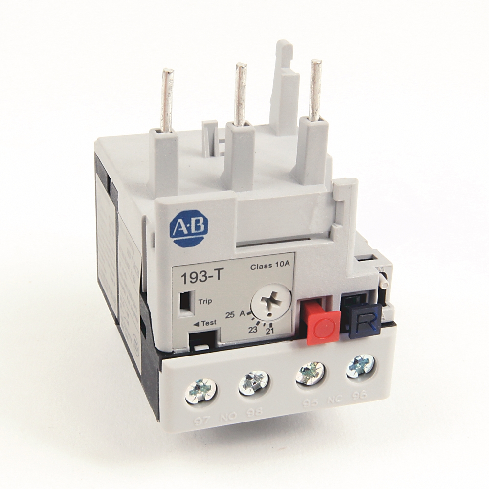 Small industrial relay block with A-B logo, label 193-T and multiple top pins for wiring, bottom screw terminals visible.