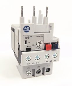 Electrical contactor/relay unit with screw terminals and small red and blue actuating blocks, labeled terminals 97–98 and 95–96, gray plastic housing.