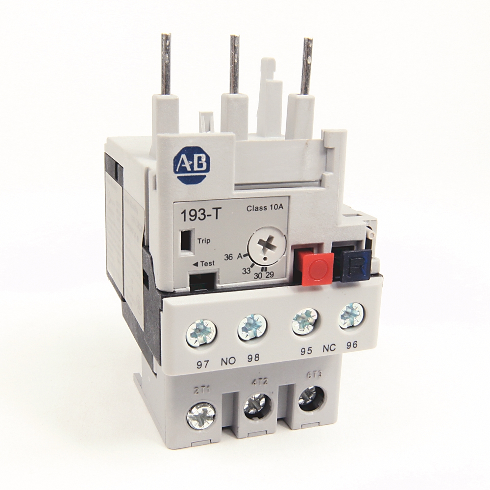 Electrical contactor/relay unit with screw terminals and small red and blue actuating blocks, labeled terminals 97–98 and 95–96, gray plastic housing.