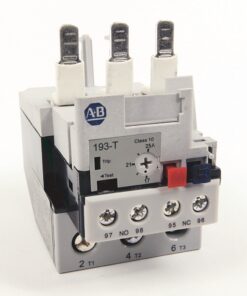 ABB 193-T relay block with three top terminals and front screw terminals labeled 97 NO 98, 95 NC 96 (Class 10, 25A).