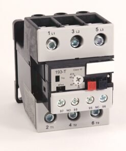 Three‑pole electrical contactor with screw terminals labeled L1–L3 on top and T1–T3 on bottom, used to switch motor power in a control circuit.