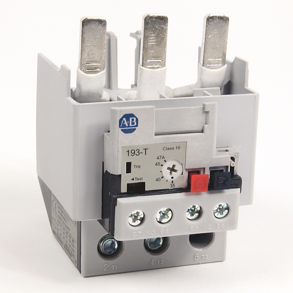 Allen-Bradley 193-T Class 10 motor contactor with three large top terminals and bottom screw terminals.