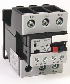Three-pole contactor with screw terminals labeled L1, L2, L3 on top and T1, T2, T3 on bottom.