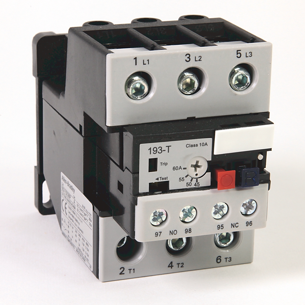 Three-pole contactor with screw terminals labeled L1, L2, L3 on top and T1, T2, T3 on bottom.