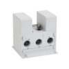 White modular electrical terminal block with three circular front outlets and two top-housed modules mounted on a base.