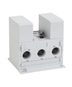 White modular electrical terminal block with three circular front outlets and two top-housed modules mounted on a base.