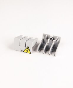 Gray modular electrical terminal blocks with a yellow high-voltage warning sign on a white background.