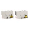 Two gray electrical terminal blocks with yellow high-voltage warning labels on a white background, placed side by side into the frame.