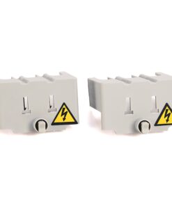 Two gray electrical terminal blocks with yellow high-voltage warning labels on a white background, placed side by side into the frame.