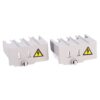 Pair of white electrical terminal blocks with a yellow high-voltage warning symbol, each with a small adjustment knob and multiple slots for wires.