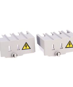 Pair of white electrical terminal blocks with a yellow high-voltage warning symbol, each with a small adjustment knob and multiple slots for wires.