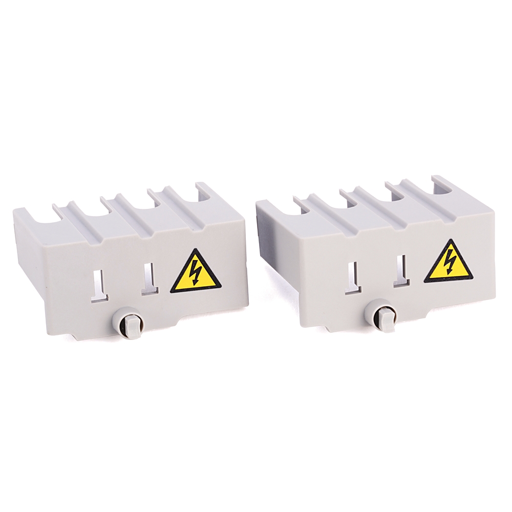 Pair of white electrical terminal blocks with a yellow high-voltage warning symbol, each with a small adjustment knob and multiple slots for wires.
