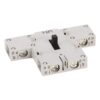 White modular electrical switch with black vertical lever and four screw terminals (NO/NC labeled) for panel mounting