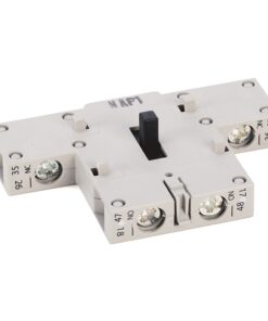 White modular electrical switch with black vertical lever and four screw terminals (NO/NC labeled) for panel mounting