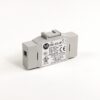 Gray compact electrical relay with a white label showing model number and certification marks (UL, CE).