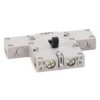 Modular miniature circuit breaker with two terminal screws and a black toggle on a gray plastic body.