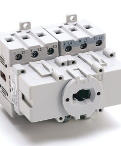 Three-pole modular circuit breaker with six terminal screws labeled L1–L6 and a central rotary handle marked TOP/arrow indicators