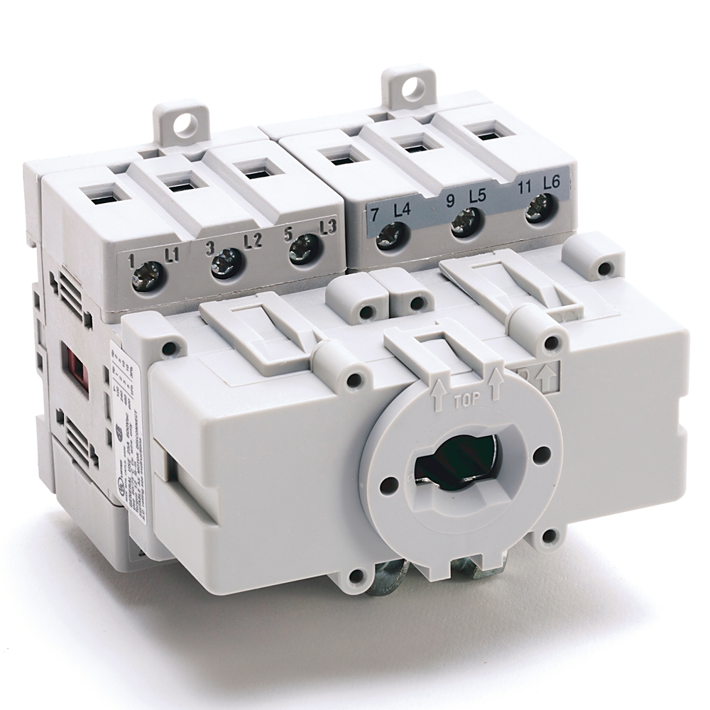 Three-pole modular circuit breaker with six terminal screws labeled L1–L6 and a central rotary handle marked TOP/arrow indicators