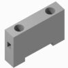Isometric view of a gray rectangular block with two circular holes on the top face and a small notch on the left front edge.