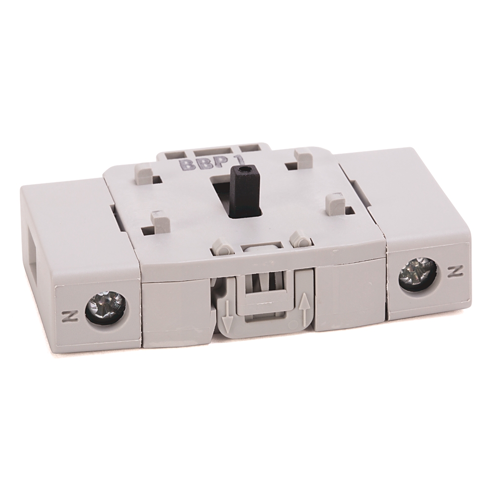 White modular electrical switch/terminal block with two screw terminals labeled N on each side and a small central lever