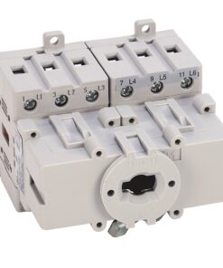 Three-pole miniature circuit breaker block with six terminals labeled L1–L6 and three toggle levers for each pole.