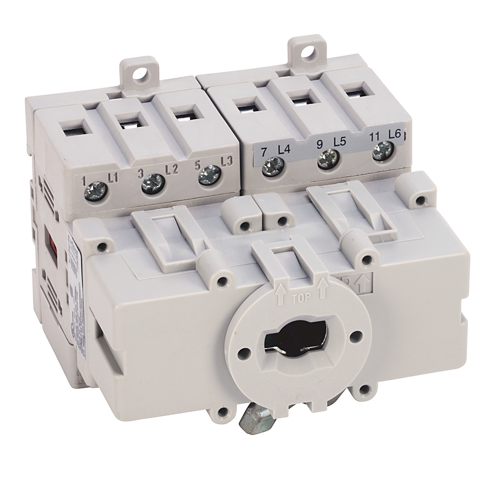 Three-pole miniature circuit breaker block with six terminals labeled L1–L6 and three toggle levers for each pole.