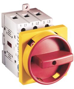 Industrial rotary switch with a red knob and yellow mounting face for selecting electrical circuits (three positions).