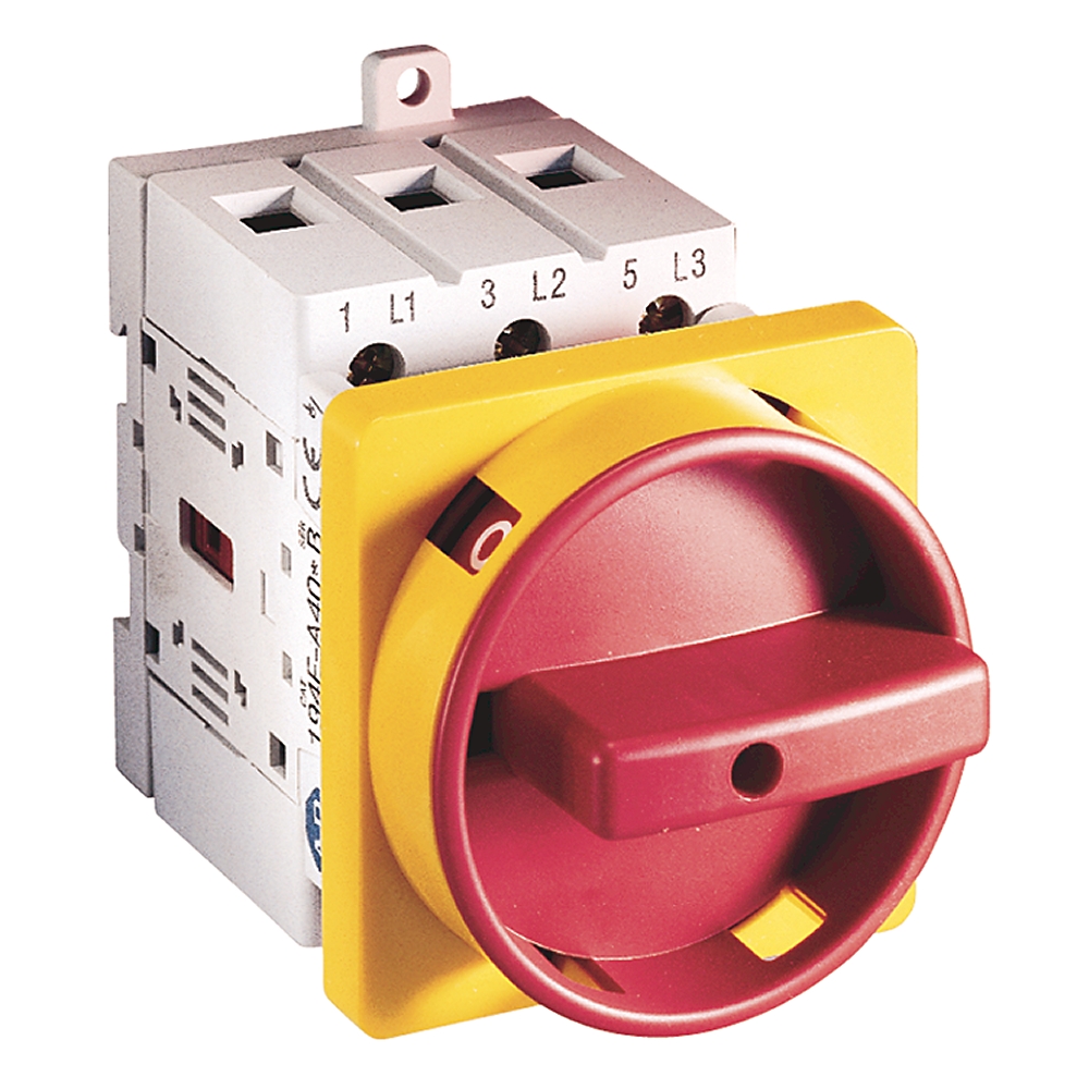 Industrial rotary switch with a red knob and yellow mounting face for selecting electrical circuits (three positions).
