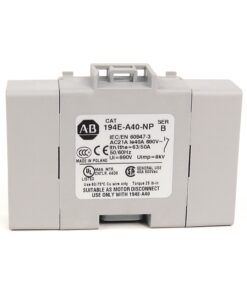 Gray rectangular electrical module labeled ABB 194E-A40-NP, a motor disconnect/isolator relay used in electrical panels.