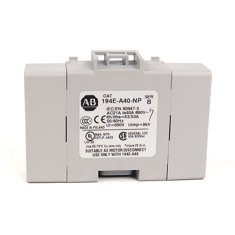 Gray rectangular electrical module labeled ABB 194E-A40-NP, a motor disconnect/isolator relay used in electrical panels.