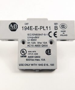 Small industrial electrical relay module with safety markings (UL/CE) and text 'USE ONLY WITH 194E-E16..100' on a white background