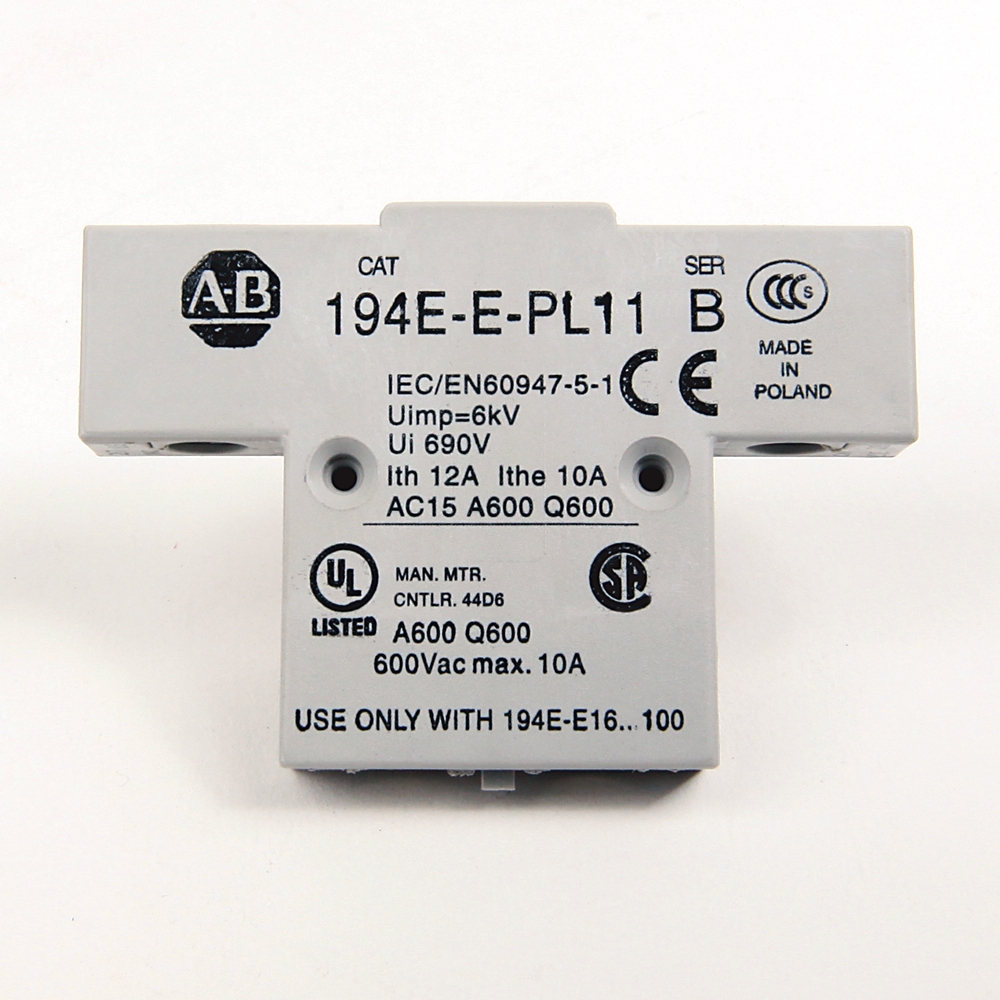 Small industrial electrical relay module with safety markings (UL/CE) and text 'USE ONLY WITH 194E-E16..100' on a white background