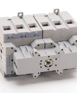 Three-pole modular circuit breaker block with mounting lugs and terminal slots (electrical component).