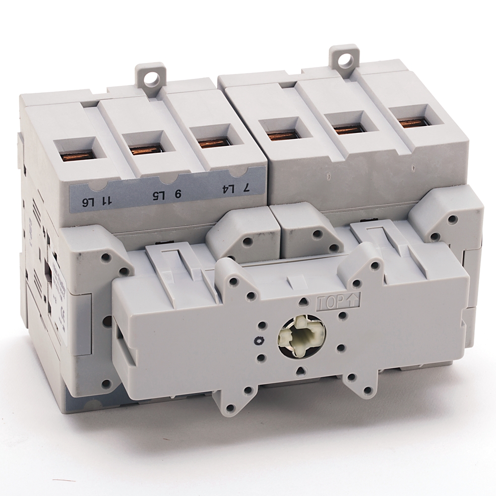 Three-pole modular circuit breaker block with mounting lugs and terminal slots (electrical component).