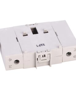 White modular electrical terminal block with two PE grounding terminals on either end and a central latch for mounting.