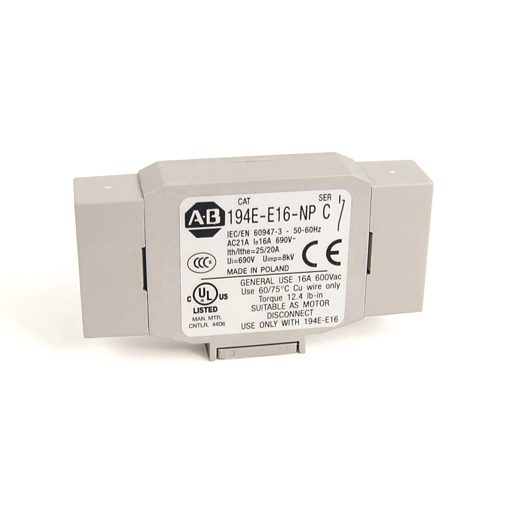 Gray electrical relay module with a front label reading model 194E-E16-NP-C used in electrical panels.