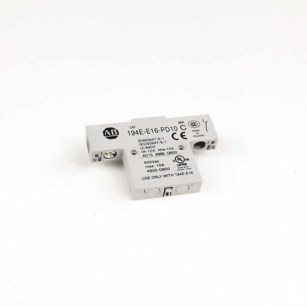 Compact white ABB electrical component with model number 194E-E16-PD10 on a plain background, showing terminal connections and labels.