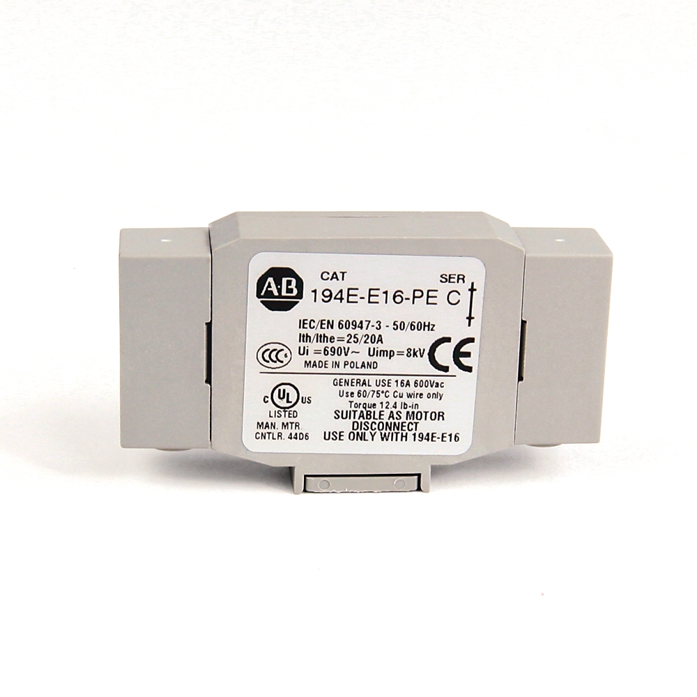 ABB 194E-E16-PE motor disconnect module in gray plastic, with rating labels on front