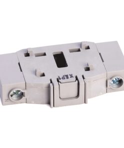 Two-terminal modular miniature circuit breaker (MCB) block with screw terminals on each end for DIN rail mounting.